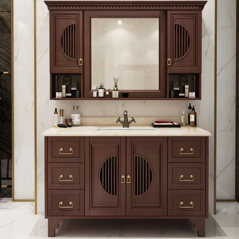 bathroom cabinet overall solid wood bathroom combination toilet sink washbasin light luxury Chinese style washbasin