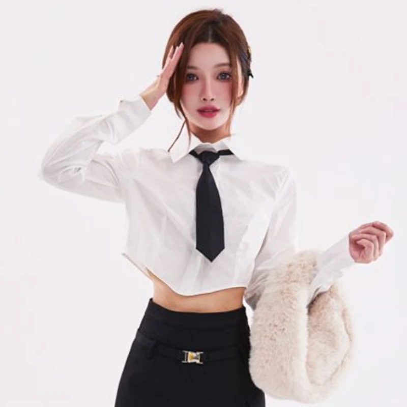 Shirts Women Crop Tops Long Sleeves Sweet Casual Soft White Basic Design Hot Girls Slim Spring Summer Korean Fashion Style Daily