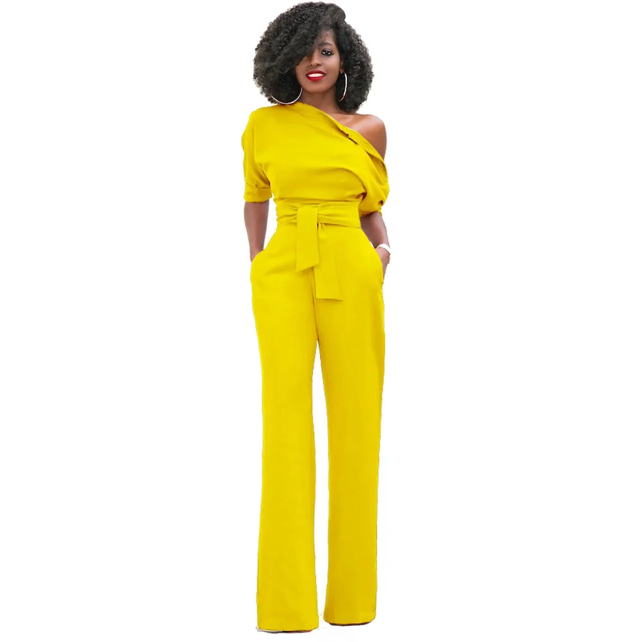 Hot selling European and American classic solid color slanted collar button jumpsuit wide leg pants