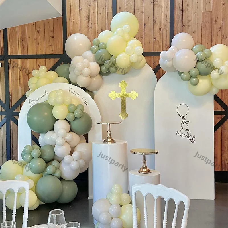 138pcs Dusty Green Yellow Sand White Balloons Garland Set Neutral Balloon Arch Baby Shower Wedding Brde to Be battesimo Decoration