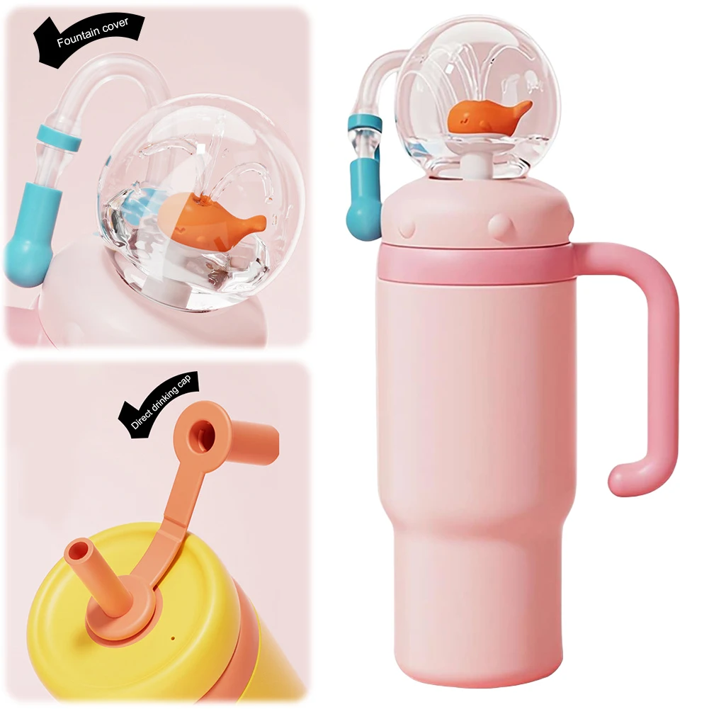 

24oz Stainless Drinking Lid Whale Fountain Tumbler Widened Handle Leak Proof Insulated Water Bottle 710ml Drinking Cup