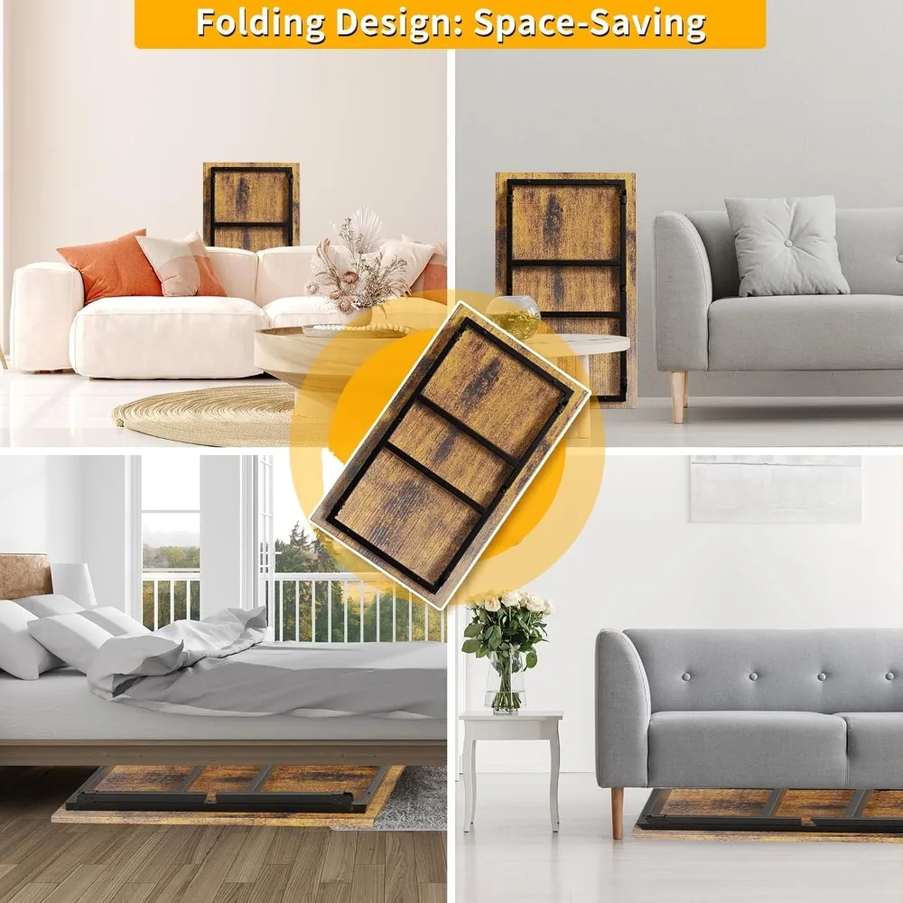 Folding Coffee Table, Portable Wood Low Table with Metal Legs,