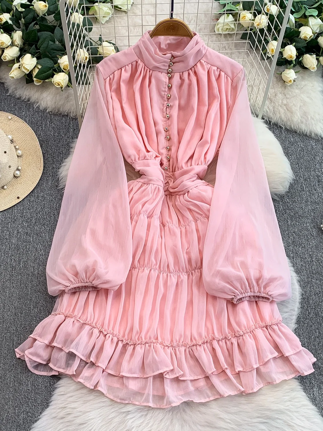 Ele Metal Bule Stand Collar largo Sve Mujer Dr Otoño Invierno gasa plisada cintura ceñida blusa Ci Commute