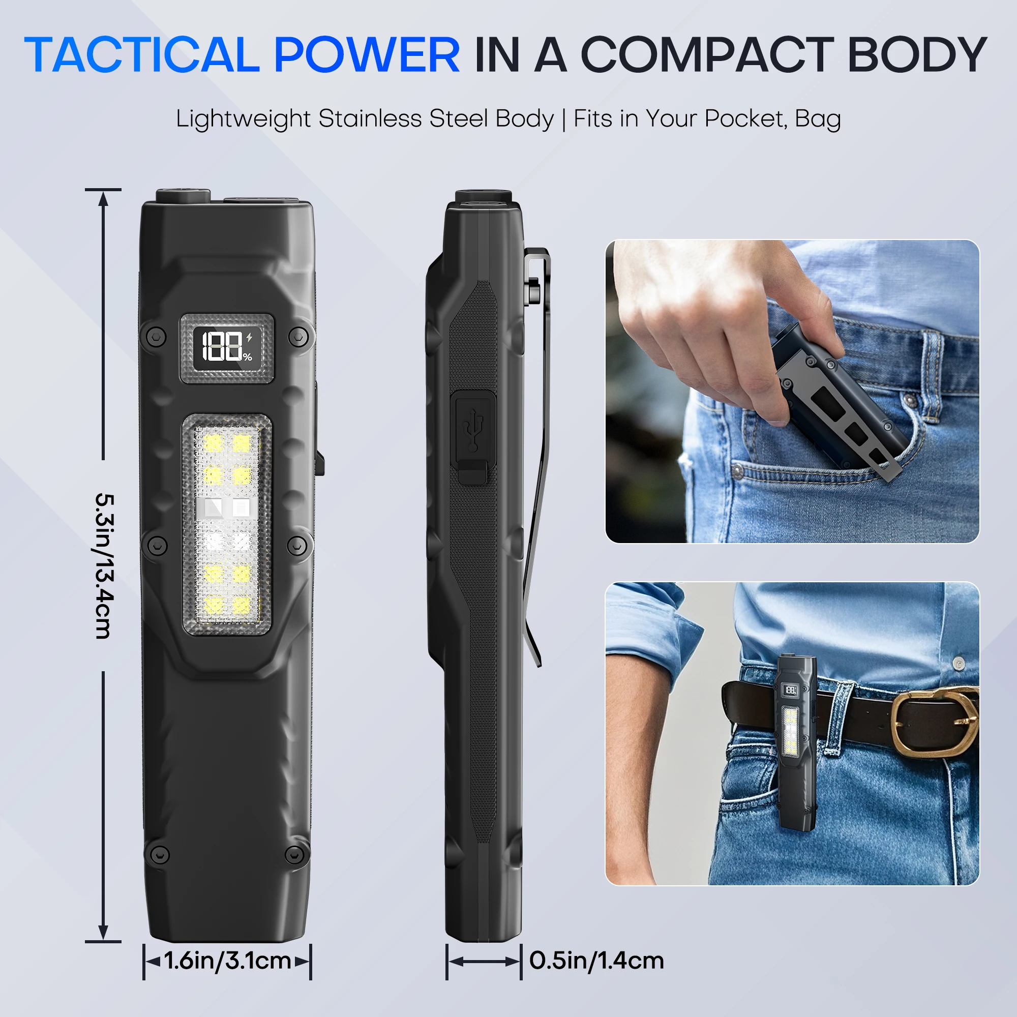 EDC Tactical Rechargeable Flashlight,Dual-Switches LED Flashlight with Digital Display,8 Modes , Camping,and Emergency Use