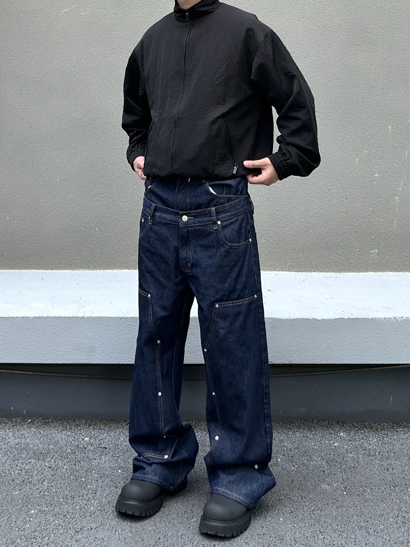 

American High Street Double Waist Wooutting Jeans Loose Straight Leg Floor-Length Pants Men's Design Sense Fake Two-Piece