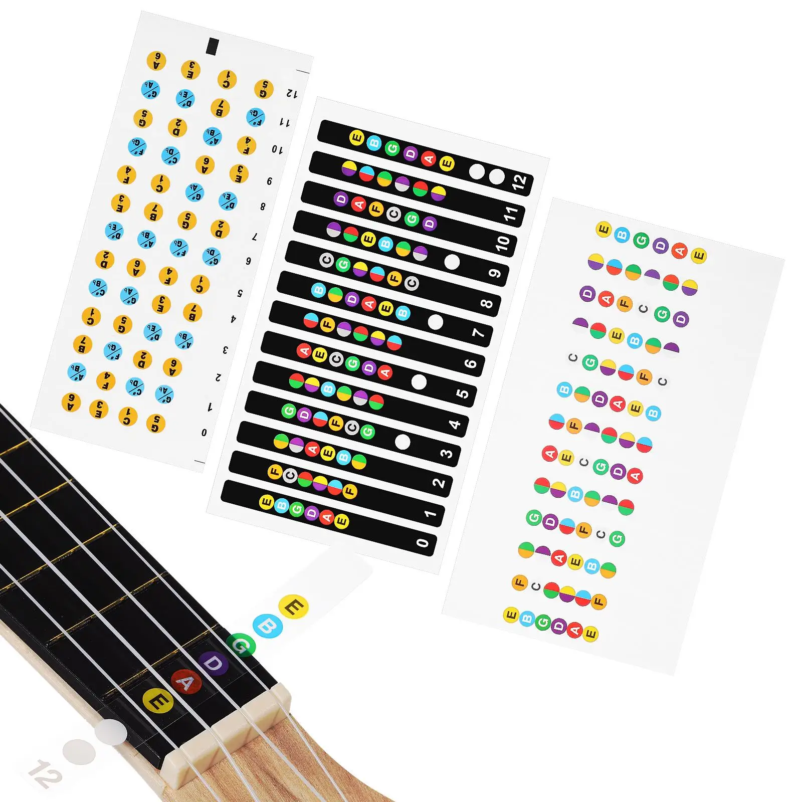 

3pcs Ukulele Guitar Note Stickers Guitar Learning Decals Bright Ukulele Note Stickers Color Coding Chord Handles