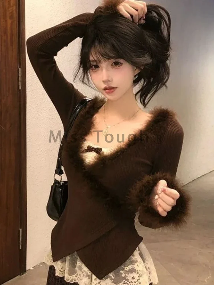 Autumn Winter Chic Thin Knit 3-piece Set Women France Design Long Sleeve Knitwear + Bow Lace Sling Leopard Print Trousers New