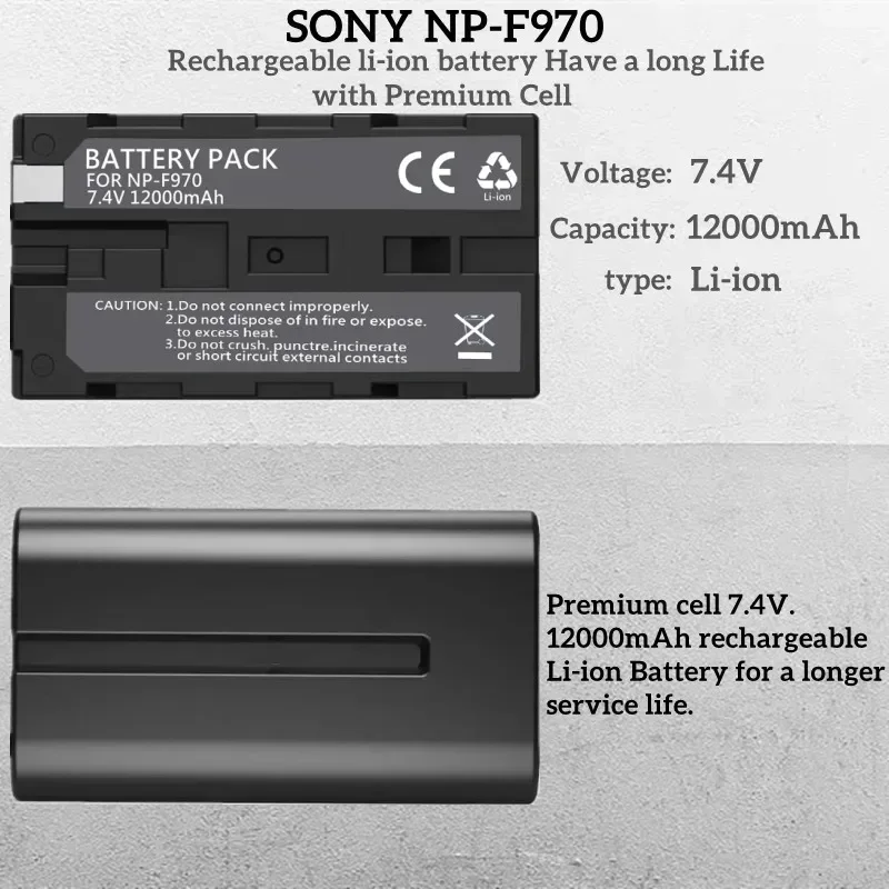 Bateria de substituição Compatível com Sony DCR-VX2100,FDR-AX1,HDR-AX2000,HDR-FX7,HVL-LBPB, NP-F970, NP-F960, NP-F930, NP-F950, 12000mAh