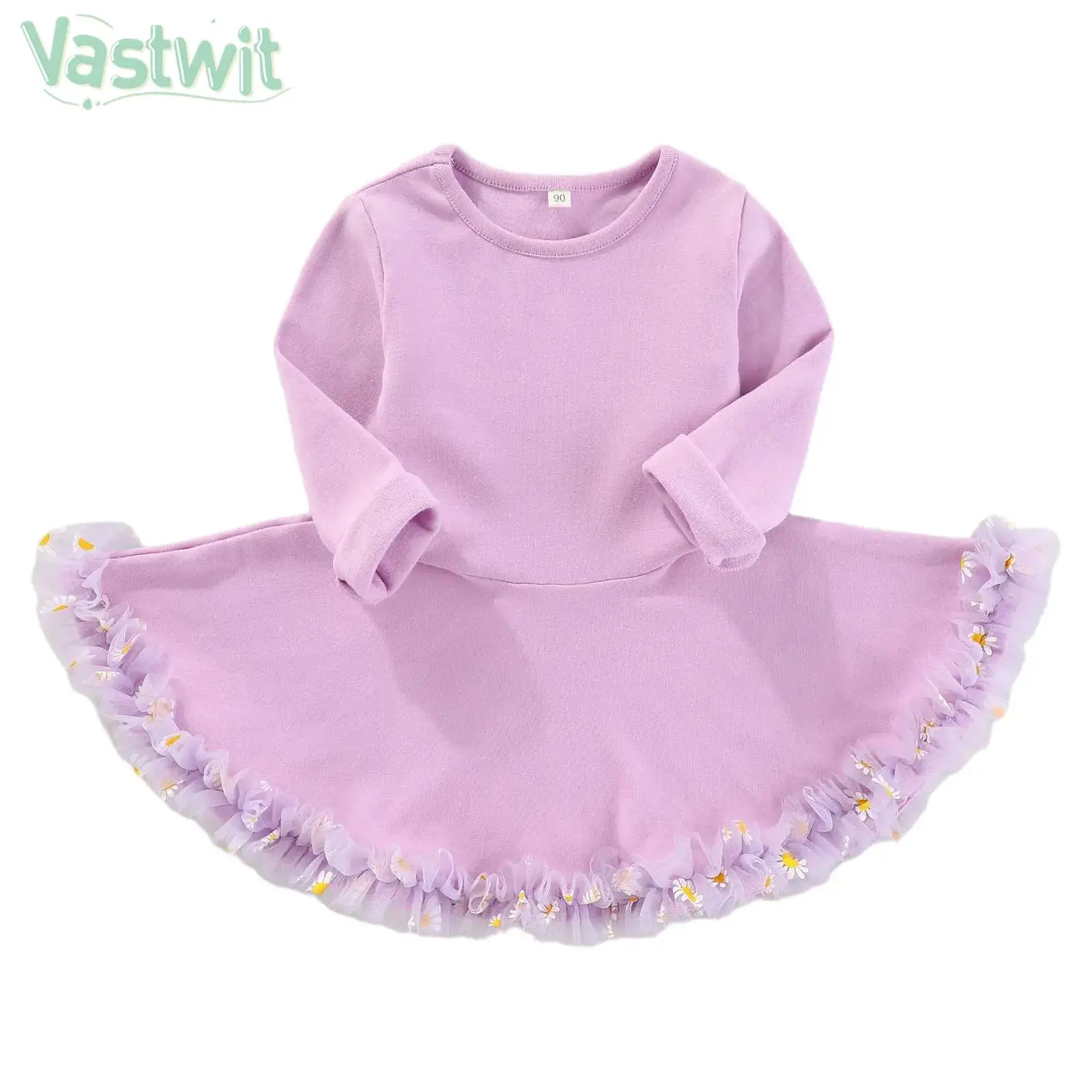 Toddler Girl Long Sleeve Cotton Ruffled Flower Mesh Tutu Dress Spring Autumn Birthday Wedding Party Daily School Holiday Costume