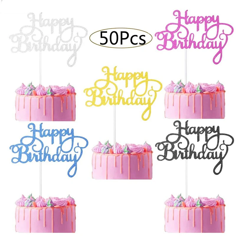 50 Pcs Glitter Cardstock Happy Birthday Cake Toppers Baby Shower Kids Birthday Party Favors Decorations Cake Decoration Supplies