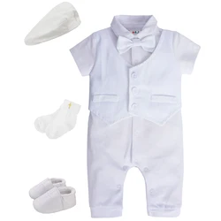 Baby Boys Christening Romper Newborn White One-Pieces Short Sleeve Summer Clothes Baptism Gift with Hat + Shoes + Socks 4PCS