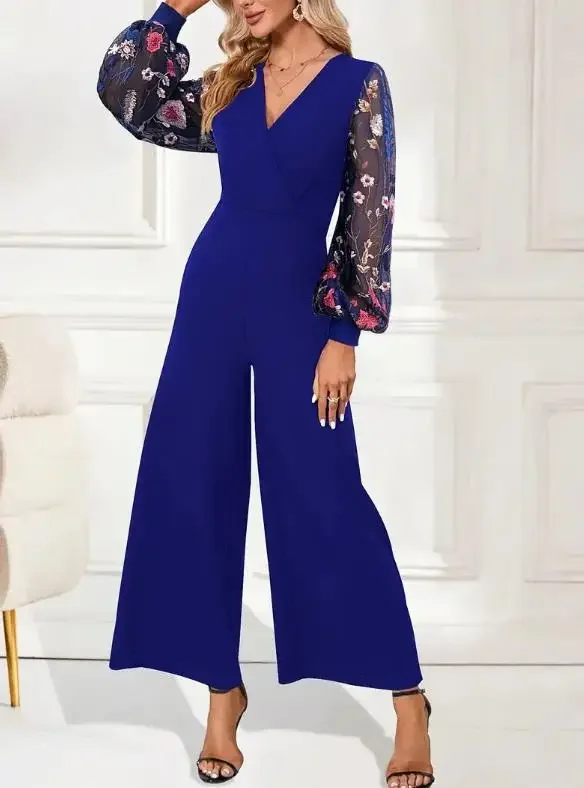 Women's Flared Jumpsuit Fashion Knitted Patchwork Embroidered Lantern Sleeve Jumpsuits 2026 Spring New Elegant One Piece Pants