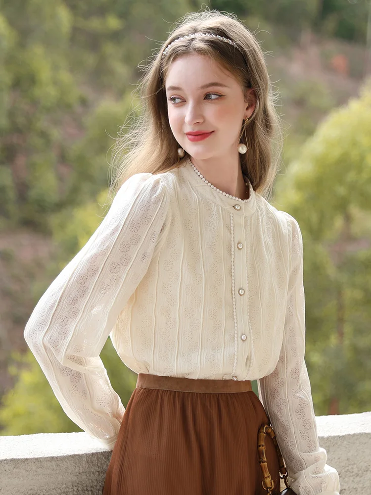 I BELIEVE YOU Women\'s Shirt Lace Bottoming Inside Tops 2023 Winter Apricot Gentle Stand Collar New Lady Chic Blouses 2234085349