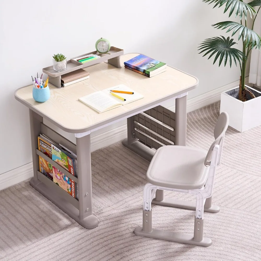 

Kids Desk and Chair Set, Height Adjustable Childrens Study Desk, Graffiti Table for 3-12 Years, Kids Art Table with Side Bookshe