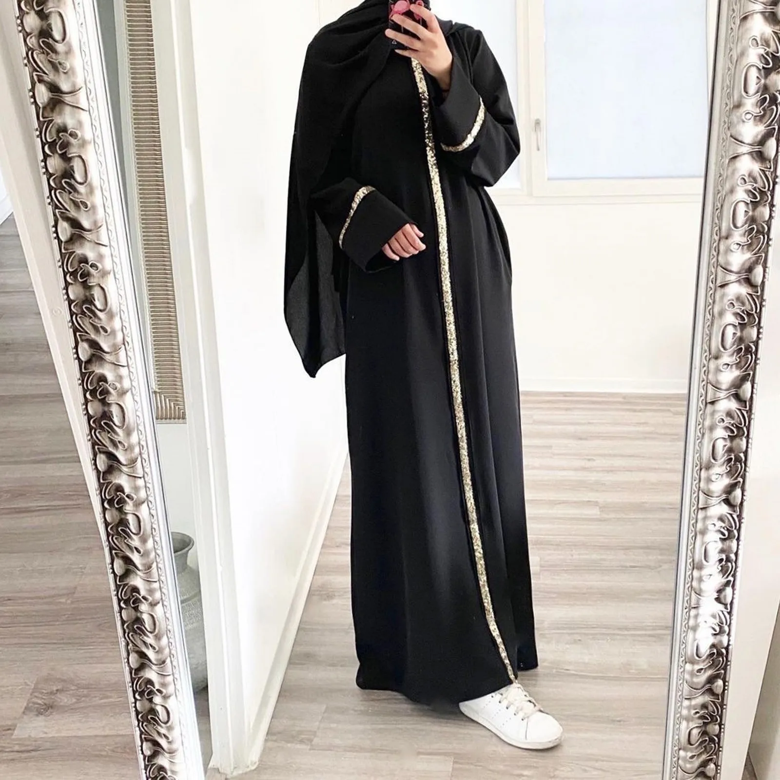 Sequin Patchwork Edge Abaya Casual Dress Women's Muslim Robes Solid Color Round Neck Long Sleeve Chiffon Dresses Ramadan