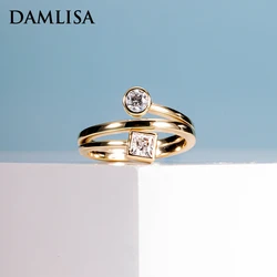 DAMLISA 4mm D Color Princess&Round Moissanite Anti-Stress Ring S925 Silver 18K Gold Color Two Stone Engagement Women's Open Ring