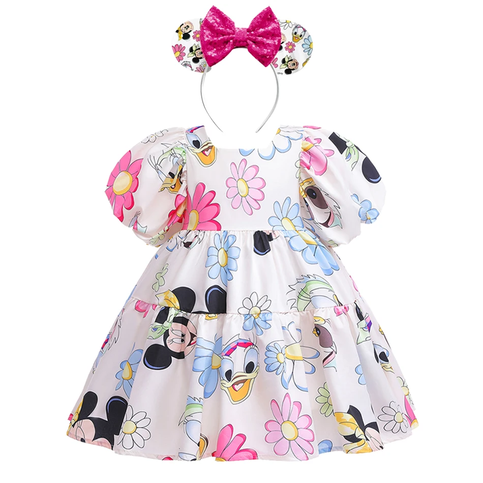 Vestido casual sem costas para meninas, roupas infantis, criança, Mickey, Minnie Mouse, Daisy Cartoon, manga folhada, vestidos bonitos para bebê, verão