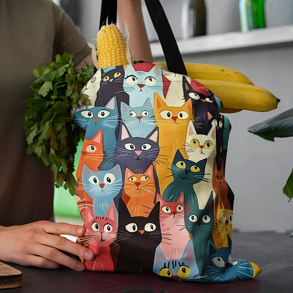 1 Stück bunte Einkaufstasche mit Katzenmuster – wiederverwendbare, stilvolle Schulterhandtasche für Männer und Frauen, lustiger Shopper mit Cartoon-Katzengesichtern – Detail 4