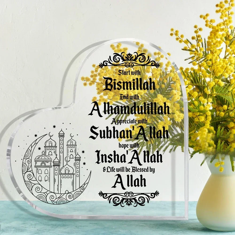 Heart Acrylic Desk Plaque Bismillah Islamic Decor, Mosque Crescent Muslim Table Ornament