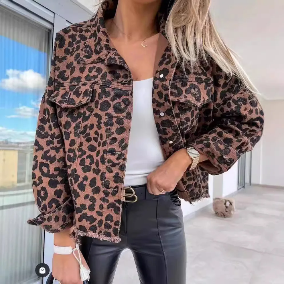 

Autumn/Winter New Versatile Leopard Denim Jacket Women Jacket Collar Pocket Jacket Chaquetas Para Mujer Elegante Womans Clothing