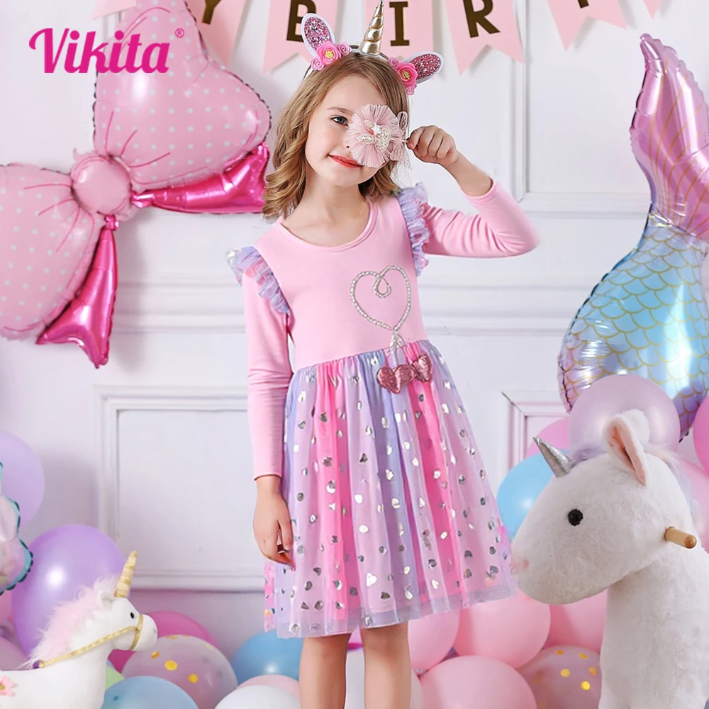 

VIKITA Children Clothing Girls Flare Sleeve Autumn Spring Pink Dress Kids Heart Shape Mesh Tulle Princess Party Casual Frocks