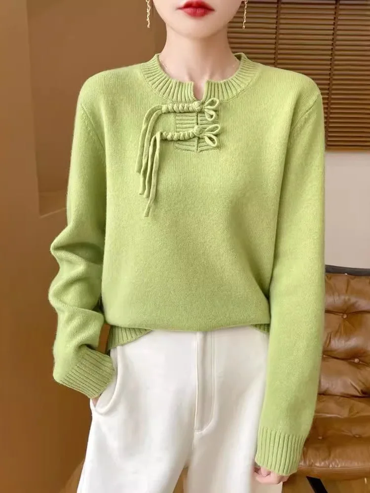 

Spring 2026 New Chinese Style Knitted Sweater Women's Loose Fit round Neck Slimming Woolen Top Comfortable High-End Feel
