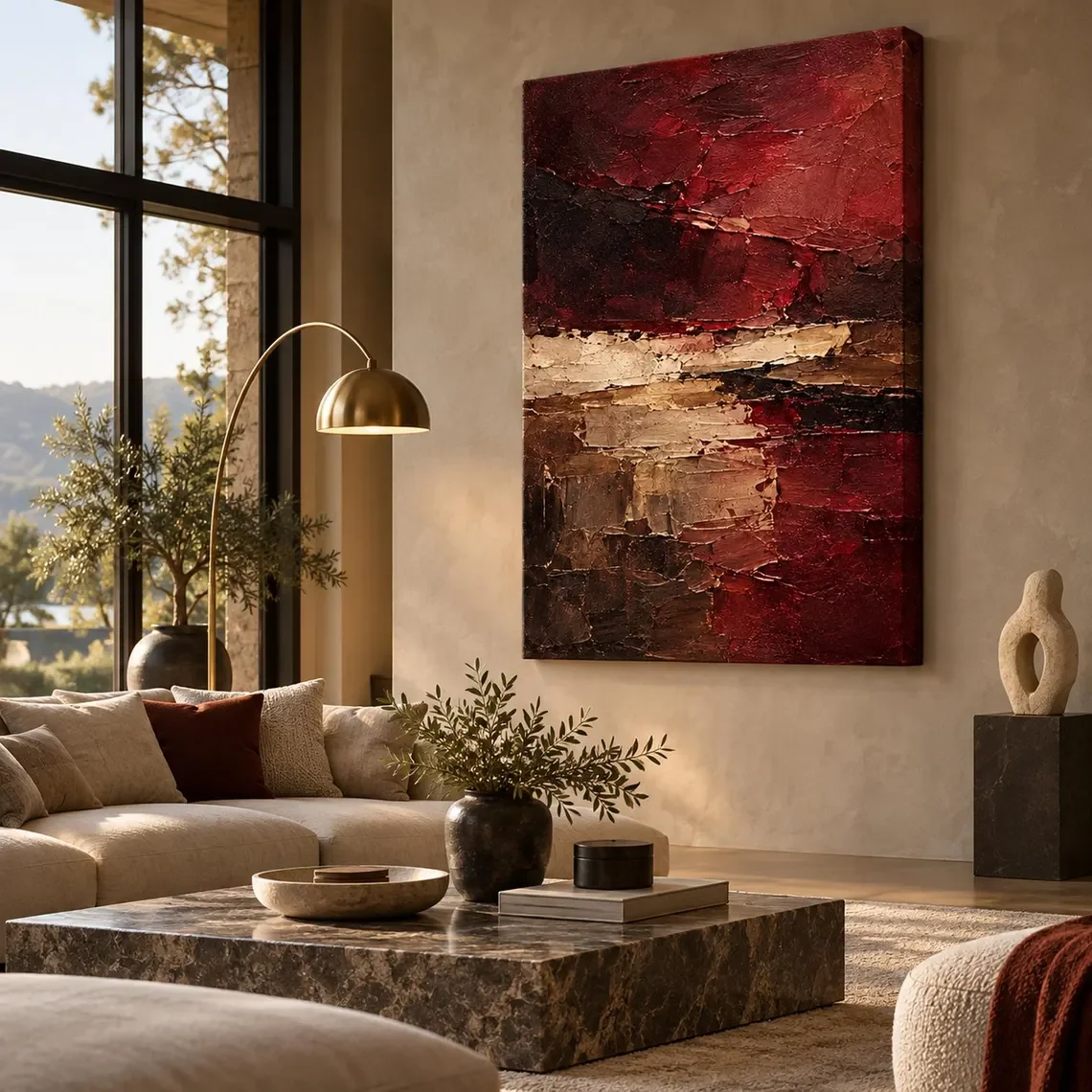 Burgundy Red Abstract Wall Art Textured Impasto Canvas Painting Neutral Earth Tones Modern Minimalist Home Decor for Living Room