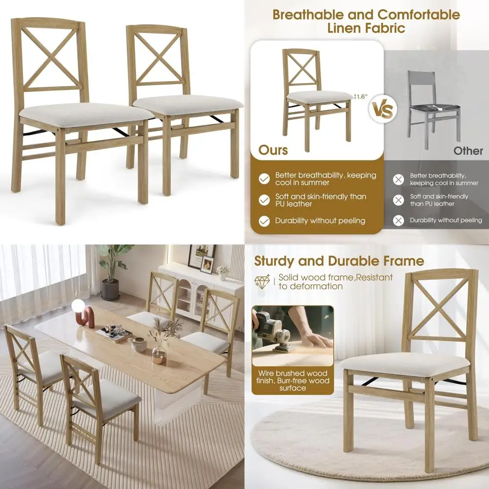 

Набор из 2 складных обеденных стульев с мягкой подкладкой, деревянные стулья с мягкой подкладкой, удобная установка, идеально подходит для использования в кухне и столовой