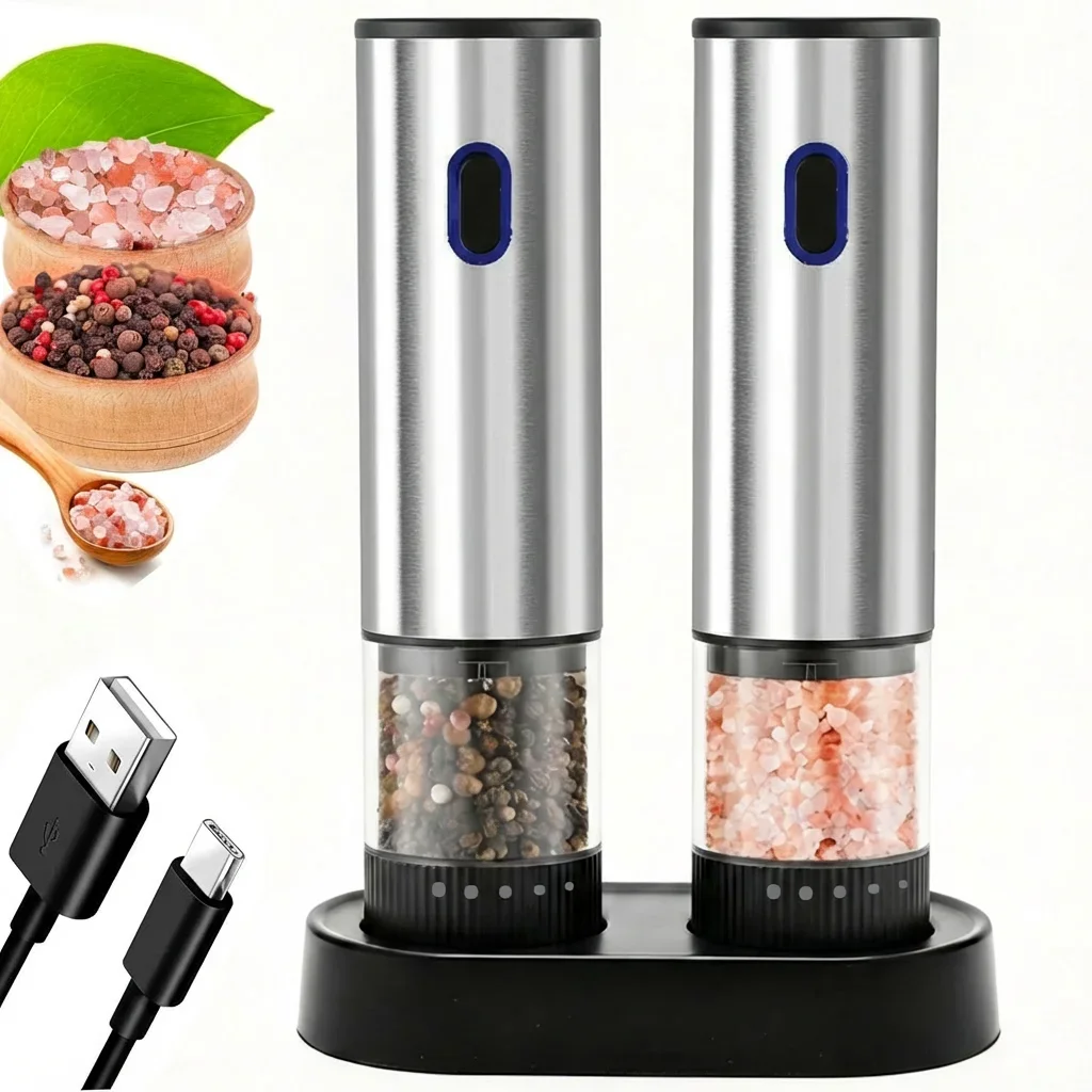 Moedor Elétrico de Sal e Pimenta Automático Recarregável com Ajuste Externo de Granulometria para Cozinha