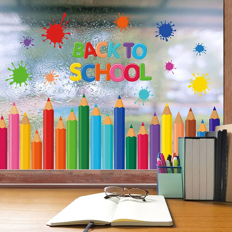 9 Blatt Bleistift-Fenster-Klebefolie, doppelseitige Fensteraufkleber, Farbstift-Fensteraufkleber, Willkommen bei der Schulsaison