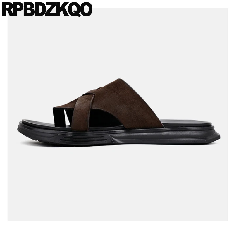 2022 Trending Soft Designer Flat Luxury Casual Slip On Men Sandals Leather Summer Shoes Slides Slippers Brown Toe Loop Genuine