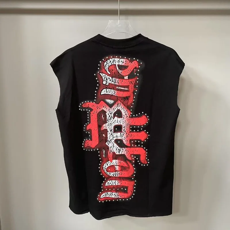 

25SS Oversized Mixed Emotion Men’s Sleeveless T-Shirts Black Pure Cotton Vest Hot Drill Angel Print Tops T-Shirts