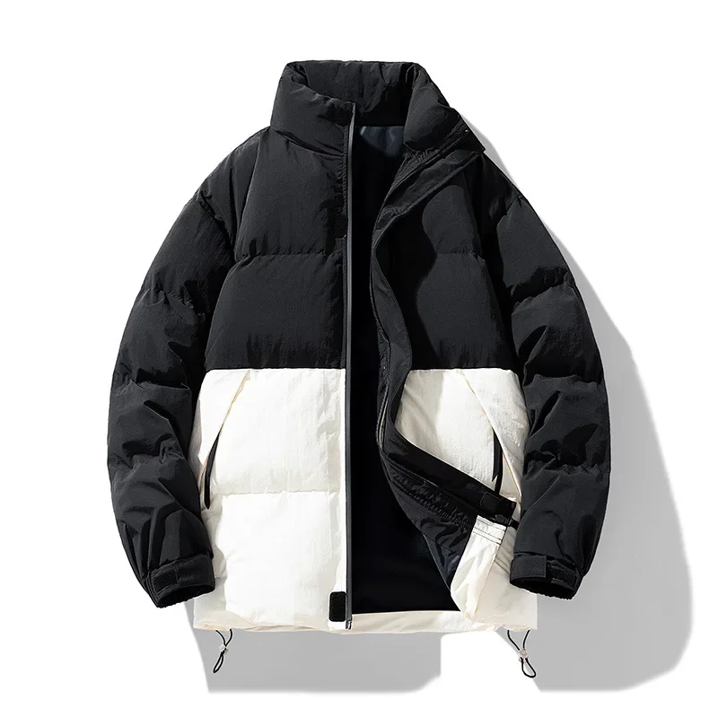 Man Down Jacket Winter Thicken Warm Patchwork Loose Male Outerwear Fashion Stand Collar Long Sleeve Loose Zipper Men Coat