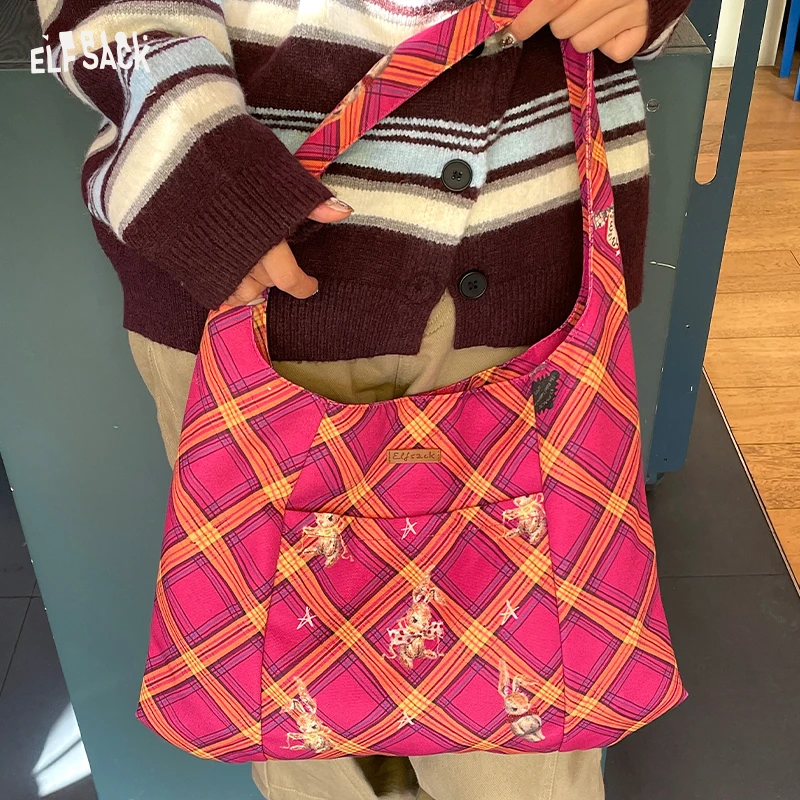 

ELFSACK 2025 Winter New Arrivals Casual Y2K Cartoon Rabbit Color Block Plaid Tote Bag For Woman