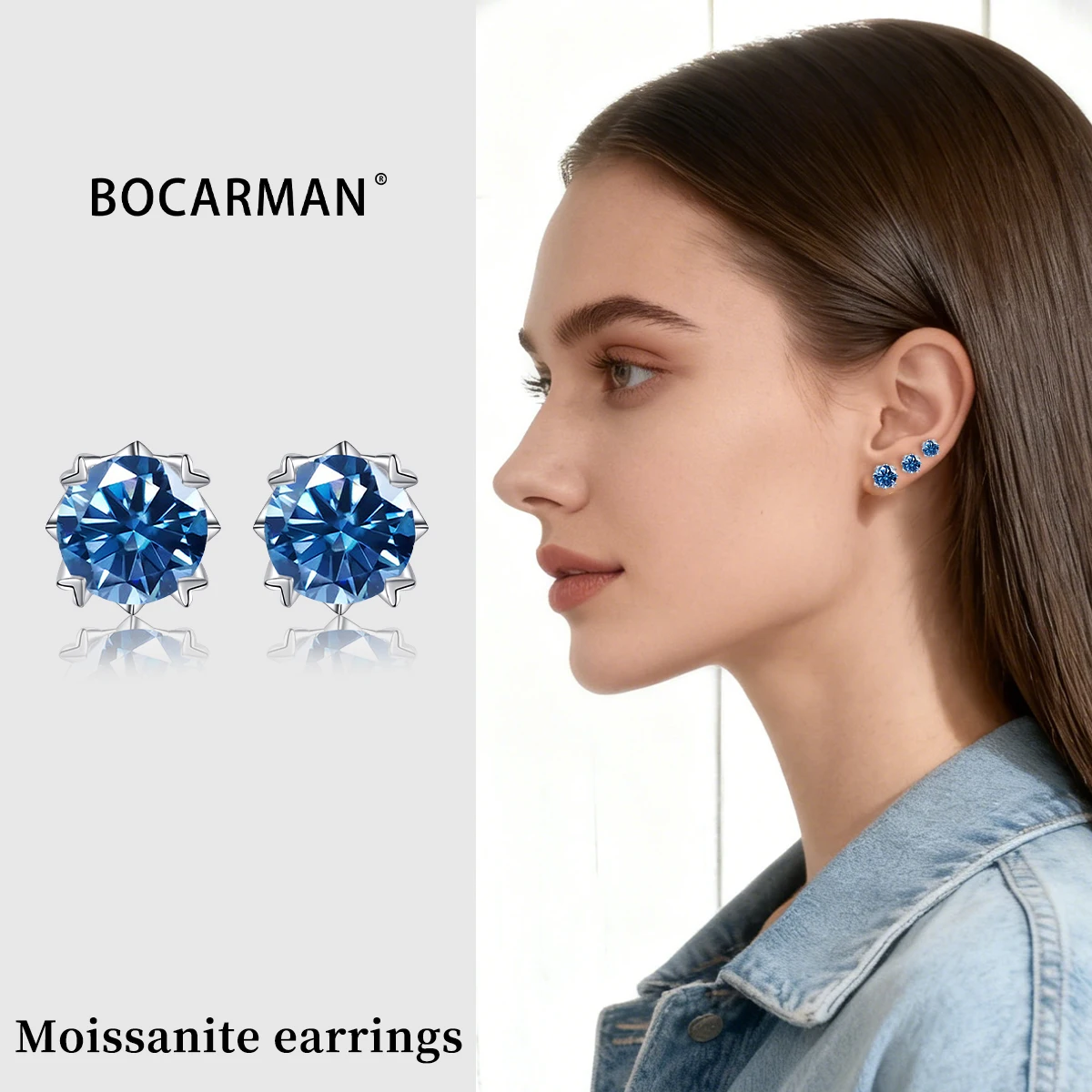 BOCARMAN S925 Silver Platinum Plating Inset Blue GRA Moissanite Screw Earrings, Men's and Women's Stylish Elegant Simple Style