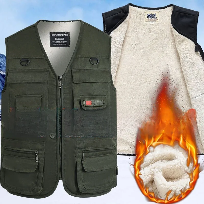 

Мужской зимний жилет Thiened Fce с несколькими кетами и V-образной застежкой-молнией, повседневный свободный крой, теплый старый мужской жилет