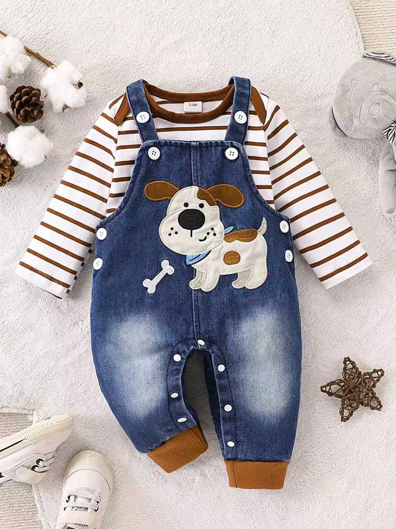 Baby Boy Red and White Striped Jumpsuit + Cute Puppy Pattern Denim Overalls Autumn and Winter Outfit Cute Outdoor Clothing