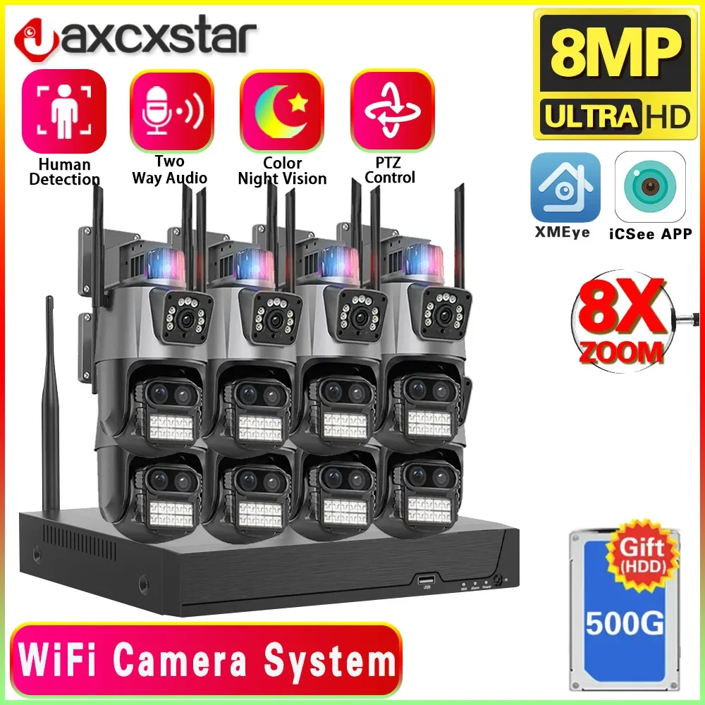 

WiFi Surveillance System 8CH Wireless NVR ICSEE 9MP Three Lens Security CCTV IP Cameras 8X Zoom PTZ Outdoor Smart WIFI NVR Kit