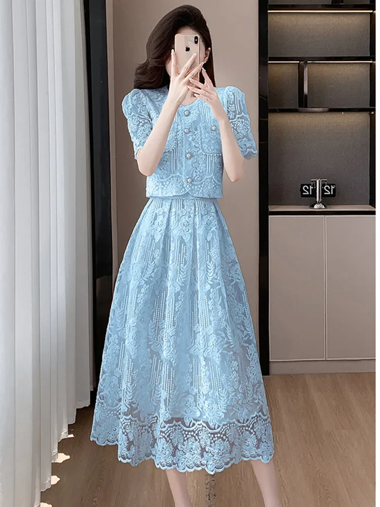 New High End Summer Lace Two Piece Set Women Korean Fashion Embroidery Hollow Out Beaded Short Sleeve Shirt Top Midi Skirt Suit