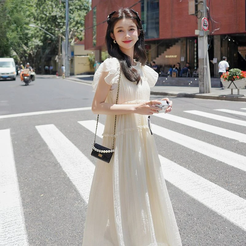 

Sweet French Style Gentle Wood Ear Edge Forest Fairy Skirt Short Sleeve Round Neck Design Sense Long Skirt Summer Ladies Dress