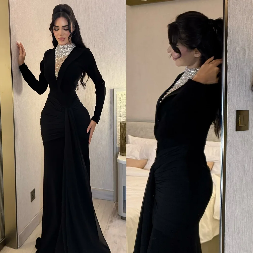 Customized High Quality Intricate Chiffon Rhinestone Pleat Mermaid High Collar Long Dresses Bespoke Occasion Dresses Elegant