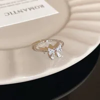 Romantic Lovely White Bowknot Rings Female Girls Exquisite Jewelry Open Ring with Shiny Bow Tie Zircon for Party Lovers Gifts