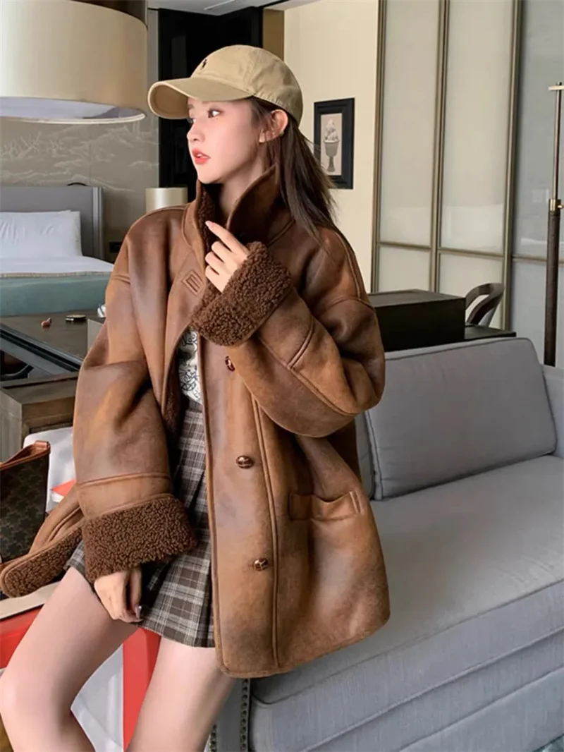 

Winter Motorcycle Suit Women's Warm Autumn Winter Loose and Thick Lamb fur Integrated Korean Version Medium Long Coat JJ1384
