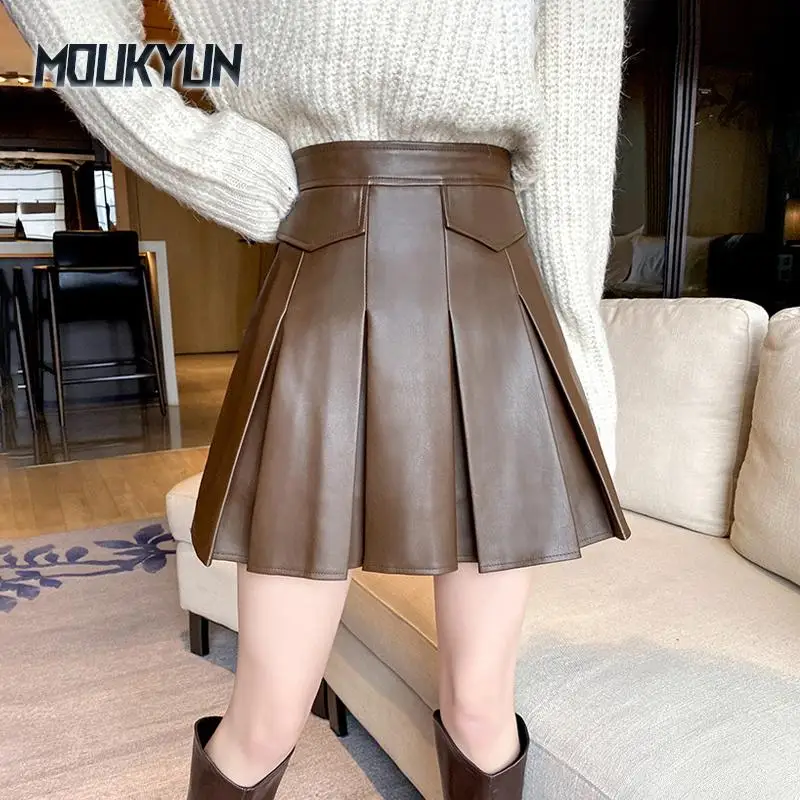 

Summer Women Pleated Leather Skirts Korean Fashion Ladies A-line Short Skirt Za Woman High Waist PU Skirt Streetwear