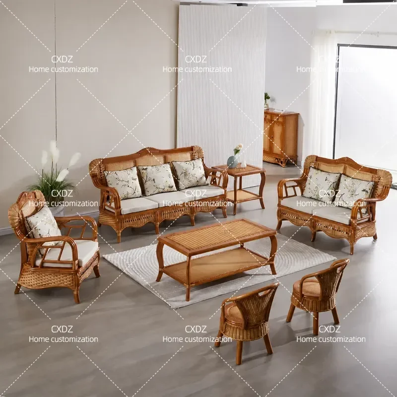 Natural Rattan Sofa Set 5 Piece Living Room Furniture Solid Wood Frame Bamboo Wicker Couch 3 Seater Armchair Combo for Small