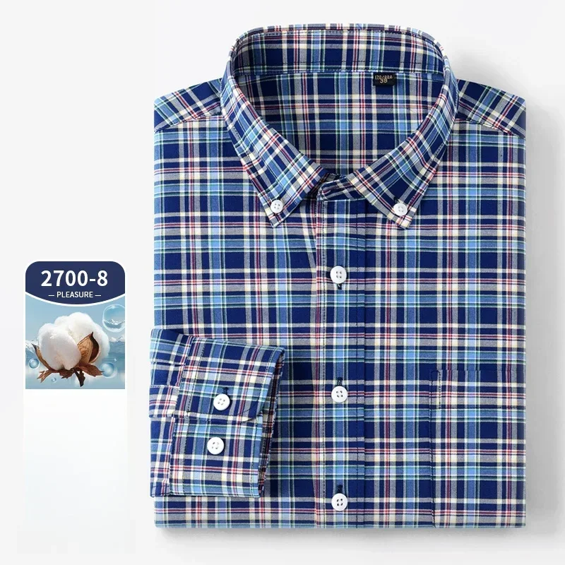 High Quality Long sleeve Shirt for Men Pocket Shirt  100% Pure Cotton Oxford Men's Plaid Shirts Male Business Casual 4XL 5XL