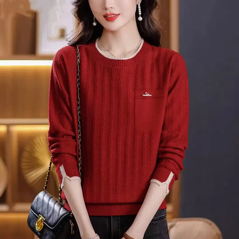 Autumn Winter Solid Color Long Sleeve Sweater Knitted Women's Clothing Round Neck Screw Thread Rivet Flattering Stylish Tops