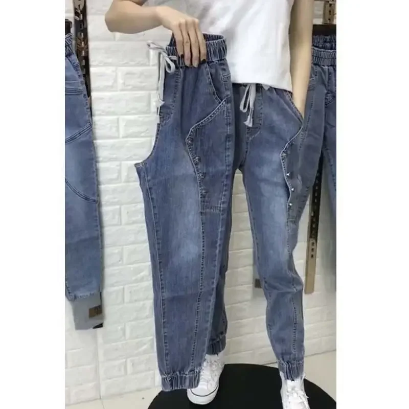 

Woman Jeans Pants Elastic Waist Ankle-Tied Jeans Women's Loose Casual Pants Women's Ninth Skinny Pants Pantalones Vaqueros Mujer