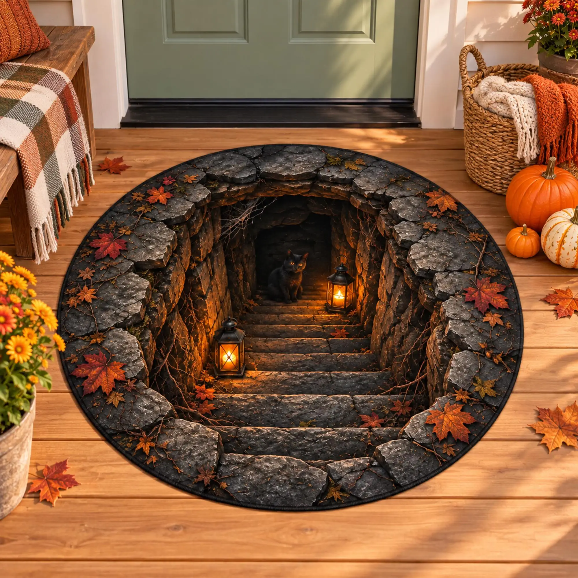 Autumn Maple Leaves Black Cat 3D Stairs Area Mat Stone Basement Optical Illusion Round Rug Halloween Front Door Welcome Carpet