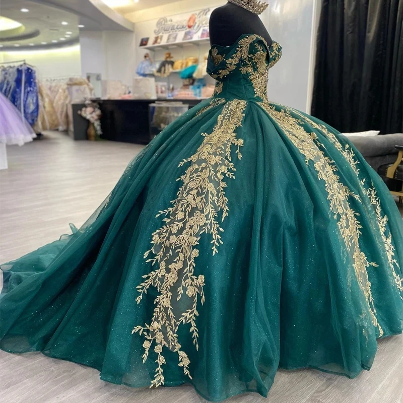 Emerald Green Shiny Sexy Off the Shoulder Beaded Appliques Quinceanera Dresses For Girl Shinning Ball Gown Dress For Sweet 15 16